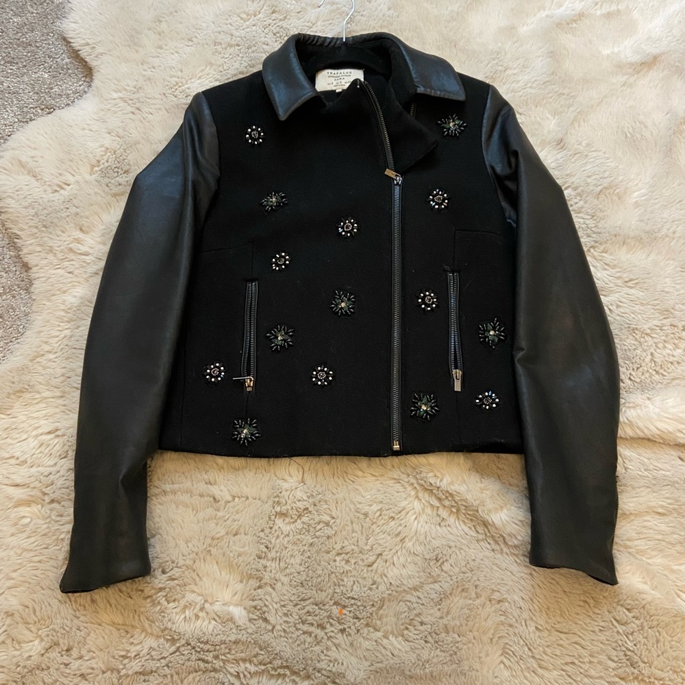 Zara Black Faux Leather Embellished Jacket
